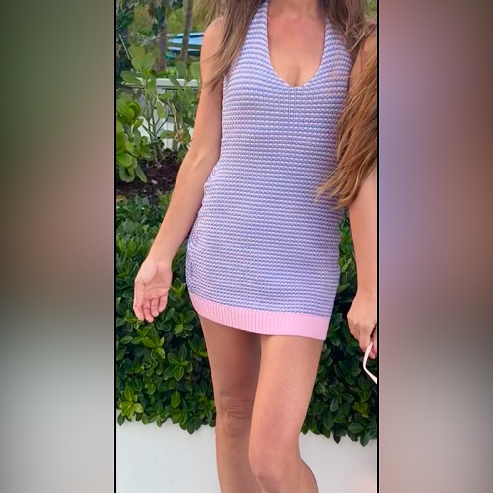 Beach Bunny Knit Halter Dress in Pink and Gray